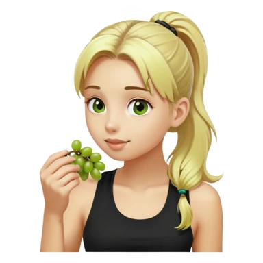 A blonde girl with a ponytail and a black tank top eating green grapes sticker