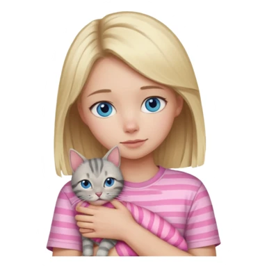 Blonde girl with blue eyes in pink shirt cuddling with grey tabby cat with dark grey stripes sticker