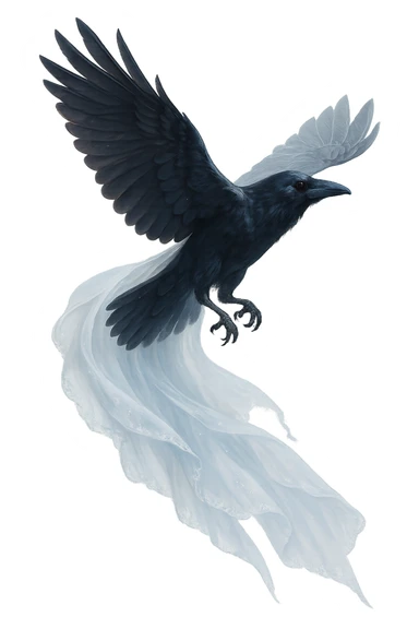 a soaring raven with a sheer white wedding veil trailing behind, magical, no background sticker