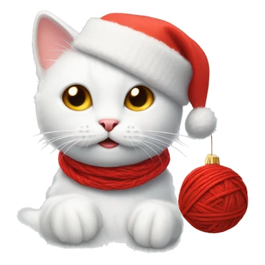 white cat with a christmas hat playing with a red ball of yarn sticker