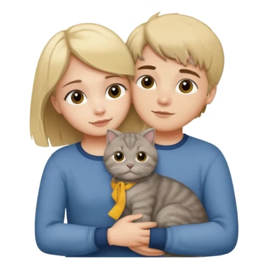 Blonde girl and brunette boy hugging a grey scottish fold cat sticker