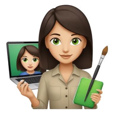 happy Graphic designer whit a MacBook, him eyes green color and dark brown hair, he is paint artist sticker