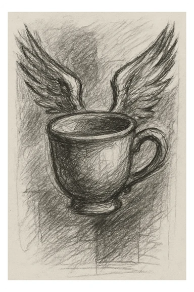 a cup with wings, pencil sketch style, with shading, on sketchbook paper sticker
