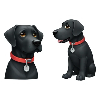 2 dogs, black labradors. one on the left smaller. The dog on left with a light blue collar. dog on right with red collar. sticker