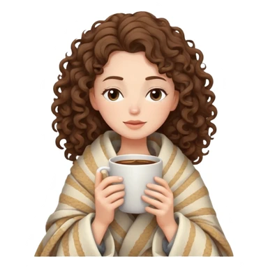 White girl with curly brunette hair wrapped in a cozy blanket sipping coffee with eyes closed peacefully sticker