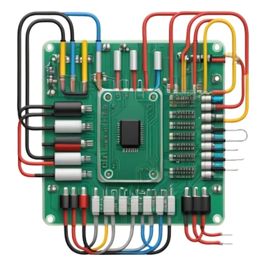 An icon featuring a circuit board, electrical wires, symbolizing electrical engineering. The design includes resistors, capacitors, and a power transformer, representing the study of electrical systems and innovation. Transparent background highlights modern electrical technology sticker