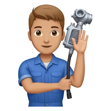 employee holding a car engine part in one arm, waving right hand, wearing a blue jumpsuit uniform sticker