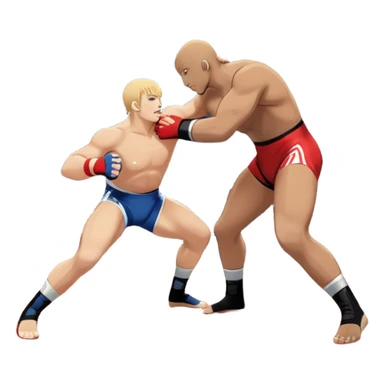 An icon depicting two wrestlers in a grappling stance on the mat, engaged in a fierce combat. One fighter attempts a takedown, while the other resists. The background shows a wrestling arena with bright lights and spectators around the edge of the ring. Transparent background  sticker