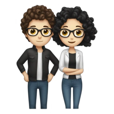 a white girl with long brown hair hugging a white boy with black hair and curler using glasses on sticker