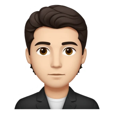 He’s a man with light to medium skin, a defined oval face, full brows, deep-set eyes, and wavy short dark brown tall tall hair styled with height, sides are trimmed. expression calm and focused relaxed black open-collar .polished, articulate, and coach vibe. sticker