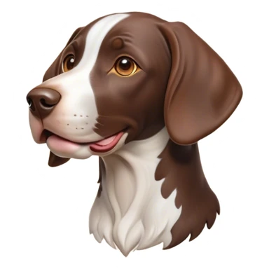 Cinematic Cute German Pointer Portrait Emoji, Playful and charming, soft brown and white tones, Simplified yet expressive features, highly detailed, glowing with a warm, friendly glow, high shine, joyful and loyal, stylized with a touch of whimsy, curious and alert, soft glowing outline, capturing the essence of a playful pup ready for adventure, so endearing it feels like it could jump out of the screen and wag its tail! sticker