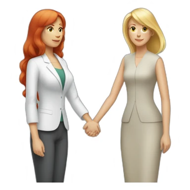 Middleaged female CEO with Long red hair and bangs holding hands with middleaged blond woman with short hair sticker