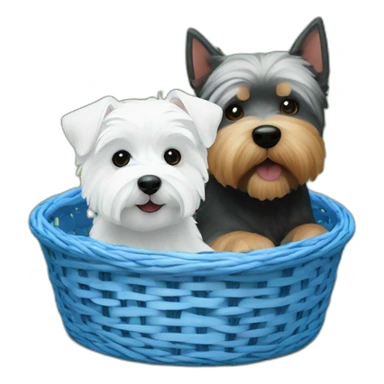 West Highland white terrier and fat dark blue dog in way too small dog basket sticker