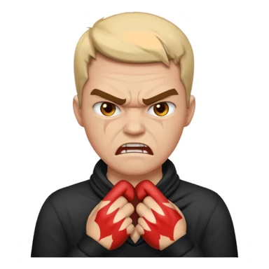 a bust of a person with both their hands around their neck with a angry face sticker