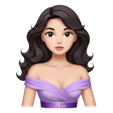 A woman with almond-toned skin, dark voluminous hair in waves, expressive eyes with soft lashes and shimmer, full lips with a glossy nude-pink color, wearing a lavender top and a white sash with “Miss San Juan” in black letters, exuding elegance and confidence sticker