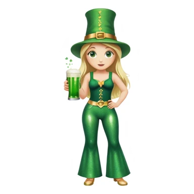 Blonde haired girl in glittery green bell bottoms and tall leprechaun hat holding a green beer sticker