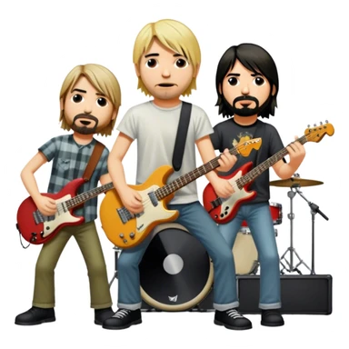 Icon for Rock Music: Nirvana performing on stage with Kurt Cobain on guitar and vocals, Krist Novoselic on bass, and Dave Grohl on drums. A grunge-inspired vibe with dynamic stage lighting and musical energy. Transparent background. sticker