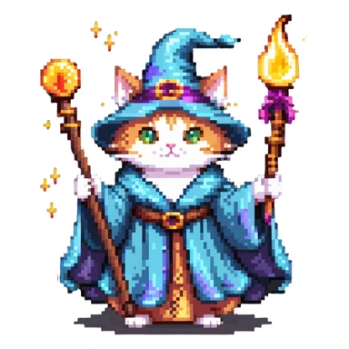 A cat wizard casting a spell with magical staff and flowing robes sticker