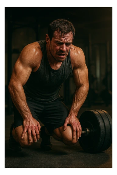 Uomo in palestra durante un allenamento, piegato su sé stesso con le mani sulle ginocchia, sudato, visibilmente esausto. Ha un'espressione di frustrazione e affaticamento estremo. Pesi pesanti accanto a lui, atmosfera intensa, luci soffuse. Il corpo mostra segni di sforzo eccessivo e accumulo di fatica. in italiano sticker
