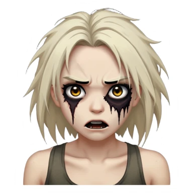Cabelo:Longos e escuros, bagunçados como se estivesse saindo de um apocalipse. Olhos:Maquiagem escura ao redor, dando um olhar profundo e hipnotizante. Boca:Lábios escuros entreabertos, como se estivesse prestes a soltar um grunhido assustador. Pele:Um tom mais pálido, talvez com algumas rachaduras ou manchas para o toque zumbi. Roupa:Uma regata branca rasgada ou suja, para aquele ar de “acordei assim depois do apocalipse”. sticker
