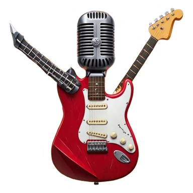 Create a fierce and edgy emoji representing hardcore rock vocal performance in a humanless collage. The design should feature a vintage microphone at the center, Add crossed drumsticks behind the microphone to symbolize the rhythm and power of the drums. surrounded by a menacing, distorted electric guitar with sharp, aggressive angles. Include subtle elements like lightning bolts, flames, or jagged sound waves to evoke the raw energy and intensity of hardcore rock. Use dark, intense colors like black, red, and silver, with a metallic, gritty finish to convey the rebellious, aggressive spirit of the genre. The background should be transparent. sticker