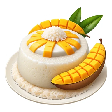 cinematic-realistic-mango-sticky-rice-dessert-emoji,-showcasing-sweet-sticky-rice out of a mould-paired-with-ripe-mango-slices-and-coconut-milk-rendered-with-lifelike-detail-and-warm,-inviting-lighting with the coconut  milk over the rice sticker