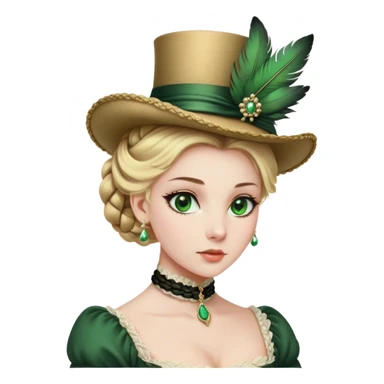lady with Pale complexion, sharp features, high cheekbones, Blonde hair, usually styled in regancy braided updo, green eyes accessorized with a feathered little hat, royal sticker