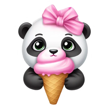 baby panda with a pink hair bow  eating pink ice cream cone  sticker