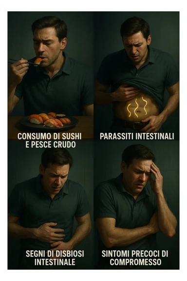 Illustrazione verticale realistica e cinematografica in italiano che mostra la progressione della malattia in più fasi da sinistra a destra: uomo che mangia sushi e pesce crudo, comparsa di parassiti intestinali, segni di disbiosi, primi sintomi di malessere, fino a uno stato di salute compromesso. Atmosfera clinica con luci drammatiche, didascalie in italiano, formato 2:3. sticker