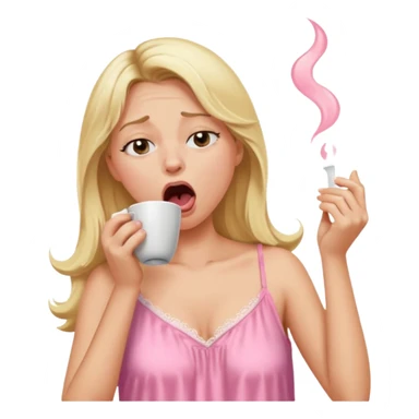 A blonde woman in a pink nightgown yawns, looking sleepy with dark circles under her eyes, drinking coffee, looking like she just woke up sticker