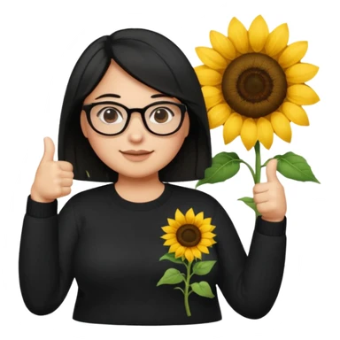 Make my biology teacher shes light brown, wears glasses, female, fat, all black sweater down and sunflower shirt under and make her give 1 thumbs up and she has black hair and chubby sticker