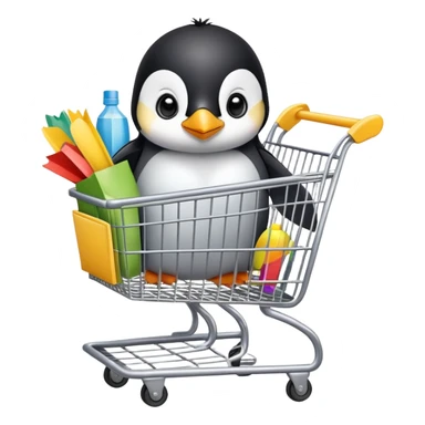 cute baby penguin sitting in a shopping cart filled with shopping items and colorful shopping bags sticker