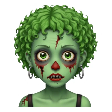 faça uma cabeça verde de zumbi femenina, com im cabelo curtinho cacheado, piercing no nariz, e brincos na orelha e várias cicatrizes, deixe ela macabra sticker