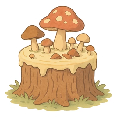 a tree stump cake topped with mushrooms, forest dessert concept, soft pastel colors, ghibli style sticker
