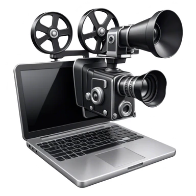 Create an emoji representing screenwriting. The design should feature an open script with visible dialogue and action lines, symbolizing the writing of a screenplay. Add a movie camera next to the script to emphasize the cinematic aspect of screenwriting. Include a classic typewriter or a modern writing device, such as a laptop, to signify the process of creating a script. Use a professional color palette with black, white, and subtle metallic tones. Do not include any emojis or smiley faces. Make the background transparent. sticker