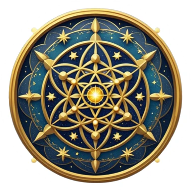 Создай изображение на основе этого промпта: sacred geometry. golden intricate patterns. glowing lines. cosmic dust. deep dark blue background. starry night sky. ethereal light. highly detailed. sharp focus. digital art. high resolution. sticker