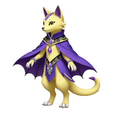 Kawaii cute Violet Yellow Black beautiful pretty elegant divine edgy feline-vernid-sergal-Fakémon-Pokémon-Digimon-fursona-animal-creature, full body, with intricate detailed markings, Embroidered capelet sticker