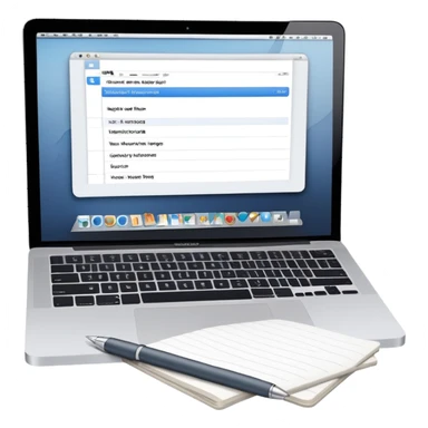 MacBook with online booking system and classic paper notebook with pen side by side, both objects fully visible, no background, no cut-off edges sticker