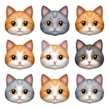 6 realistic looking cats with different natural coloured coats, assorted grey and white, greys, calico, brown and white colours etc
 sticker