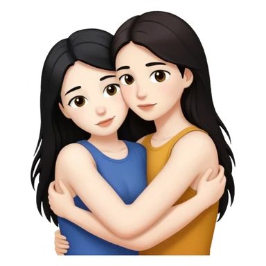 A lesbian couple with white skin and long black and brown hair hugging intimately sticker