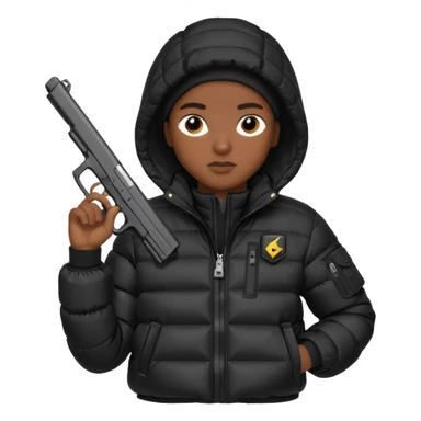 african american wearing a black puffer jacket with the hood on and holding a glock 26 sticker