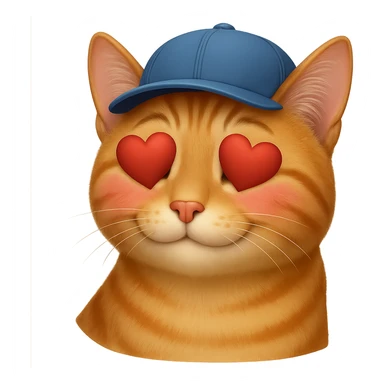 Change the cat's face expression to crush with blushing or dreamy eyes, keep the blue cap, and set the background to transparent. Make the style as close to the original realistic emoji as possible, with detailed fur texture and lifelike appearance. sticker
