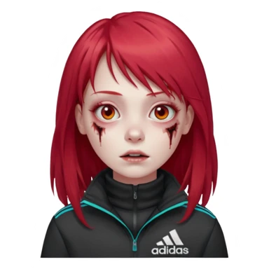 Crie um emoji de uma menina com bochecha gordinha com o cabelo vermelho longo com uma franja reta zumbi casaco de gola alta da adidas sticker