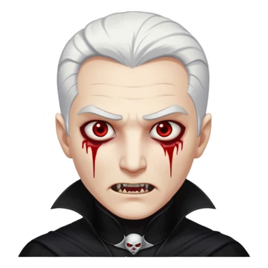 Creat a young man Vampire with white skin and white hair "make him have slide back hair" and full black vampire clothes and bloody eyes and long fangs and scary dead sleepy eyes and silver logo on his neck sticker