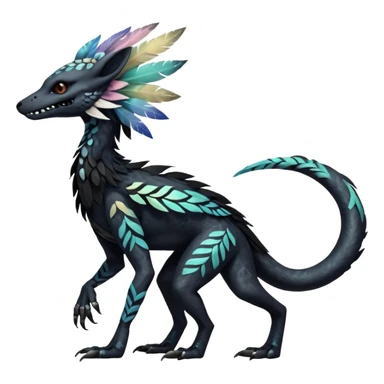 Rare realistic tribal patterned whitish pastel colorful iridescent shiny glossy feathery epic handsome gorgeous aesthetic black-skulled Vernid-Trico-Sergal-Salandit-Nargacuga-species-Fakemon-creature by LiLaiRa, 4 legs, 1 tail, random markings, (full body) long ears sticker