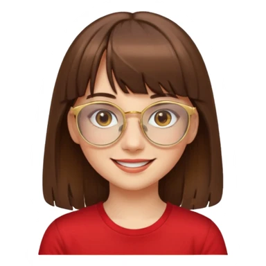 chica con piel blanca sonriendo, ojos marrones y pelo marrón largo con flequillo y lentes dorados con remera roja. sticker