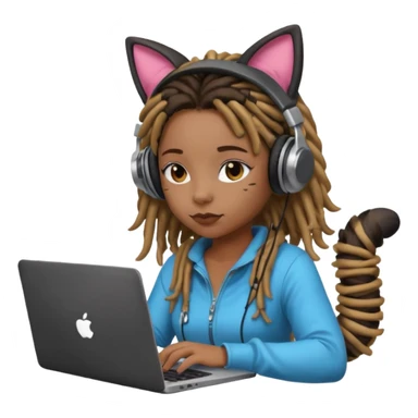black girl with dreads who works remotely through a laptop with headphones that have plastic cat ears connected to the headphones.  sticker