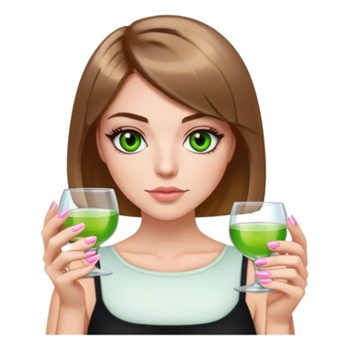 green eyes light brown hair white girl with short bob no bangs with a shot of tequila wearing black light pink nails sticker