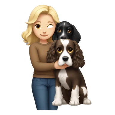 A blonde girl in a brown sweater hugs a black and white English Cocker Spaniel dog sticker