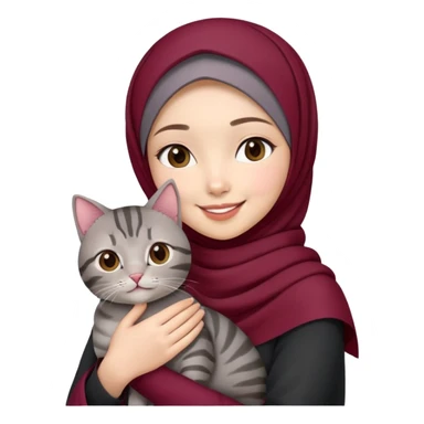 Asian white girl wearing cute maroon hijab holding a black grey tabby cat while smiling sticker